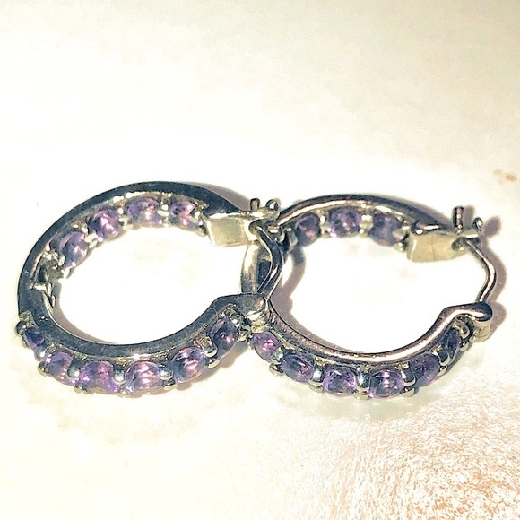 DELMAR Jewellers Amethyst Sterling Silver Hoop Earrings Half Inch .5” - Picture 1 of 4